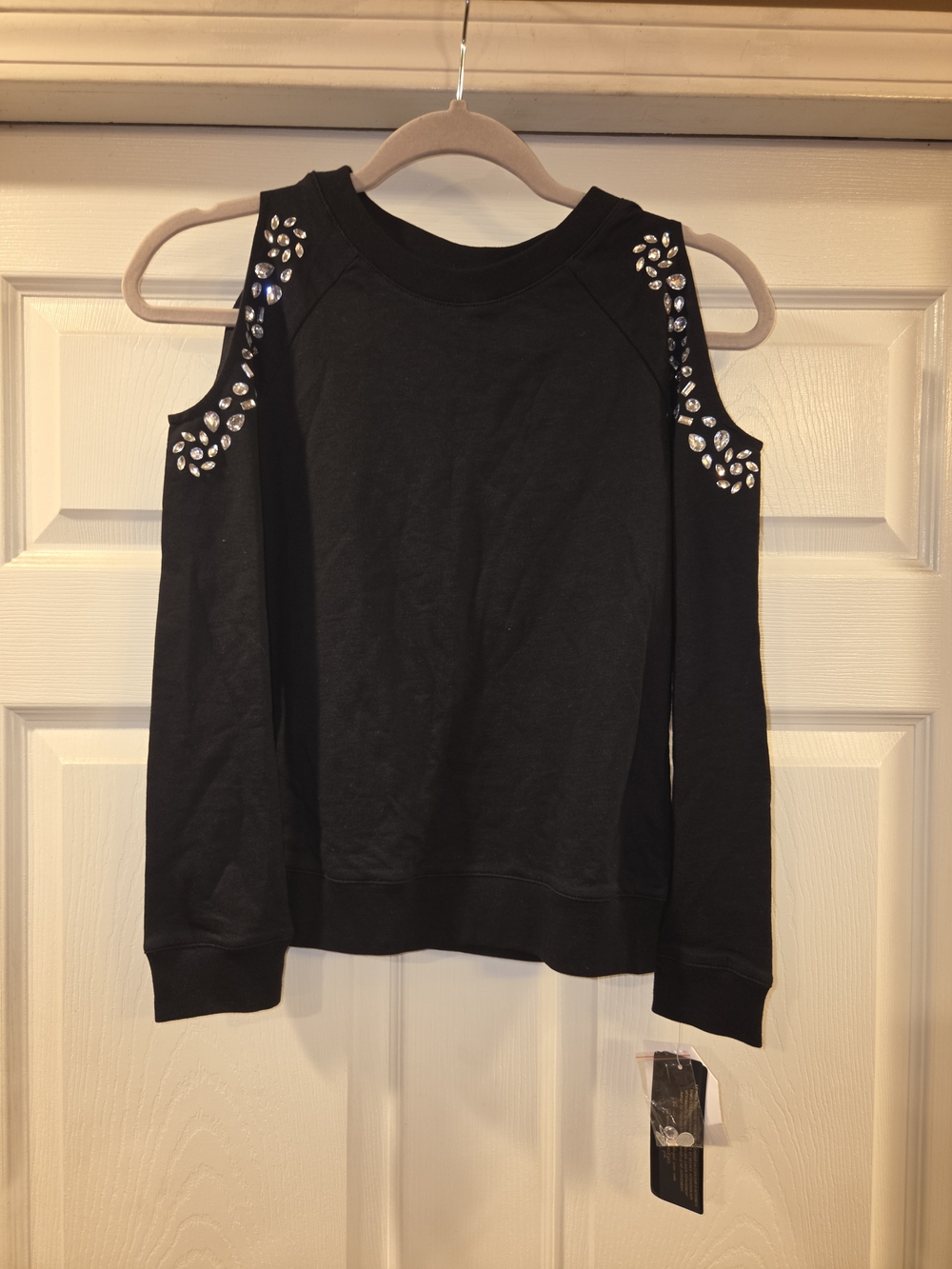 bebe Black Cold-Shoulder Sweatshirt with Crystal Accents